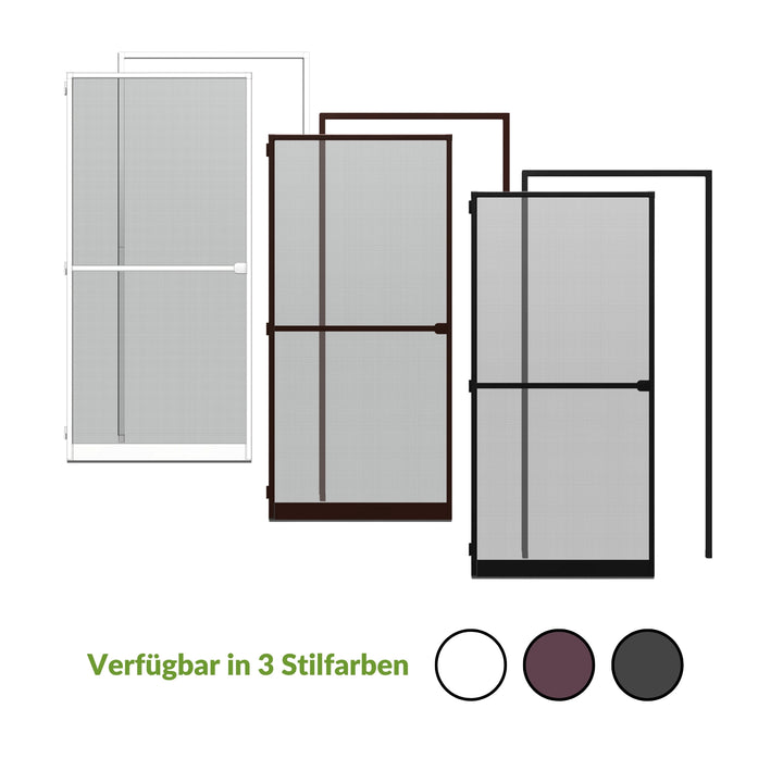 Insektenschutztueren mit Montagerahmen in drei Stilfarben, langlebig und robust, ideal für Balkon- oder Terrassentüren.