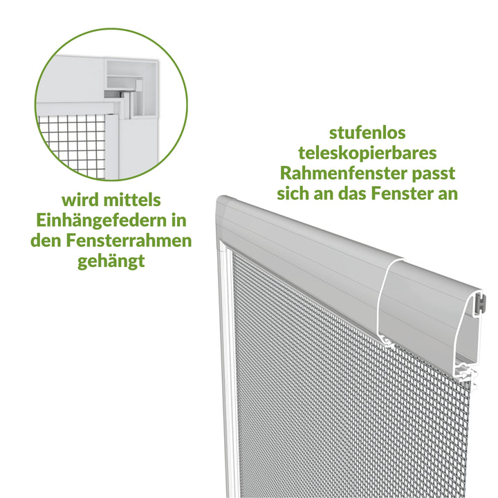 Teleskopierbares Insetenschutz Rahmenfenster mit Einhaengefedern, einfache Montage.