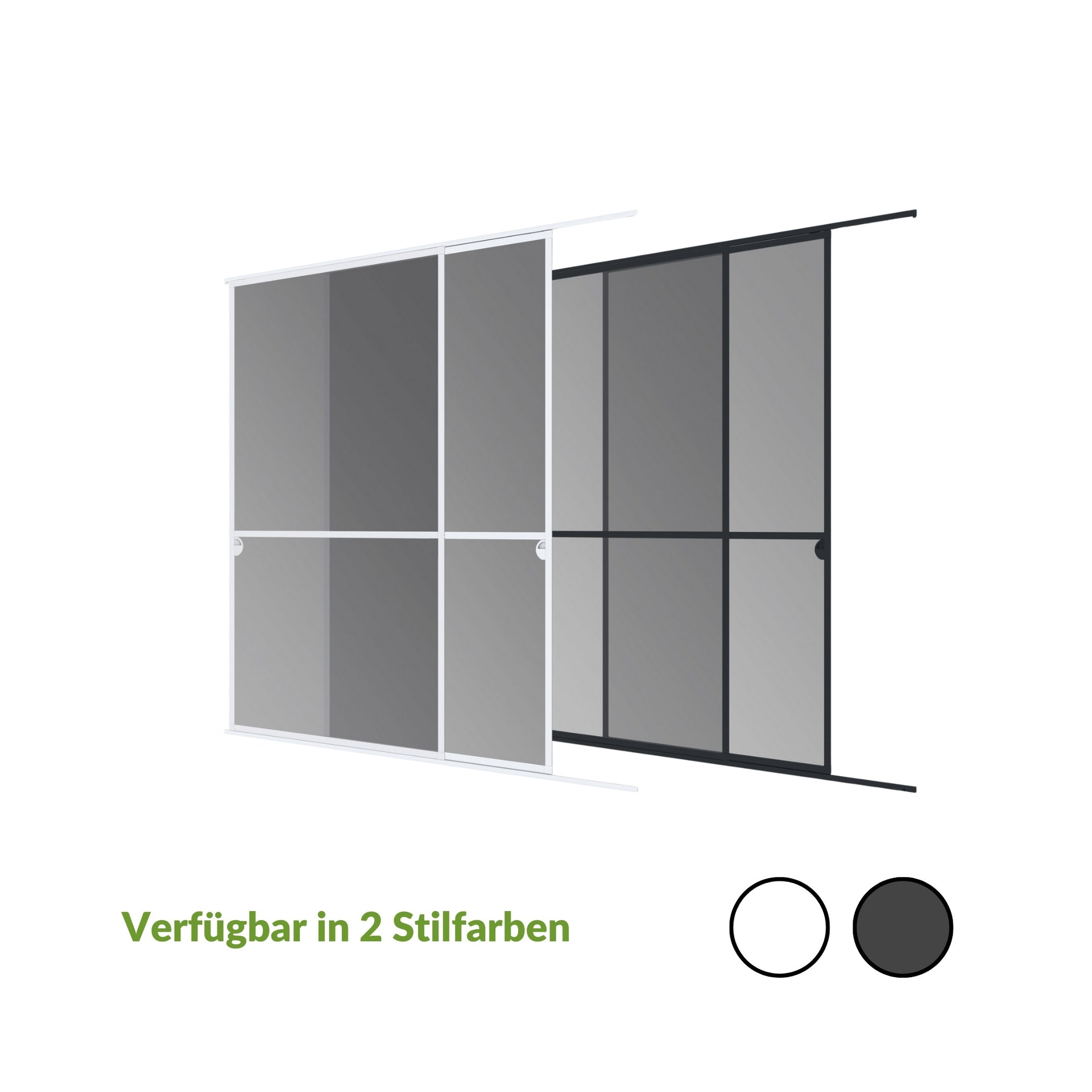 Doppel-Schiebetuer Insektenschutz, verstellbar, in zwei Stilfarben erhaeltlich, praktisch und platzsparend.