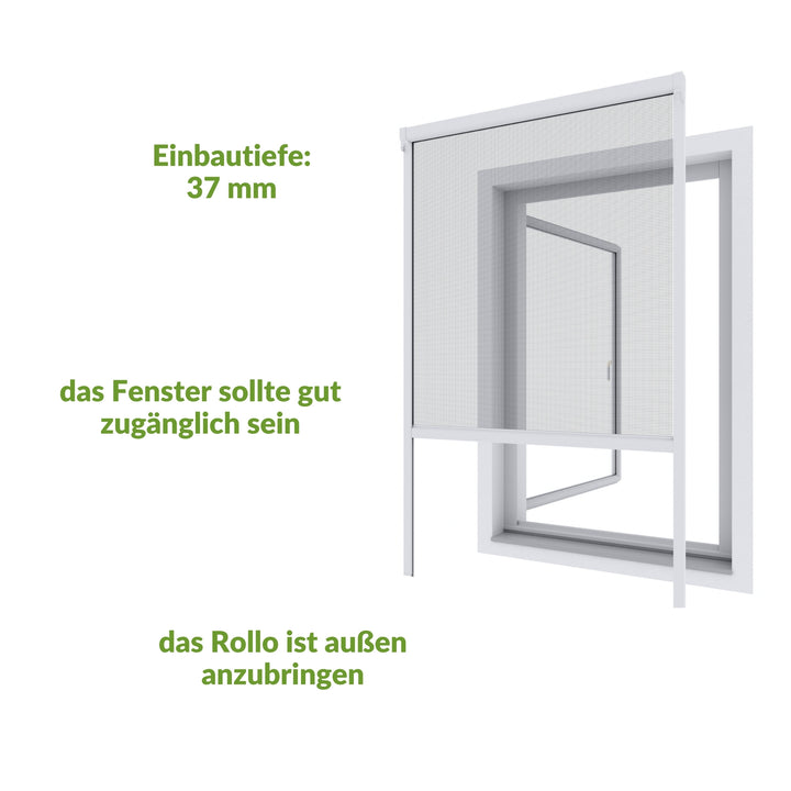 Insektenschutzrollo mit 37 mm Einbautiefe, außen anzubringen.