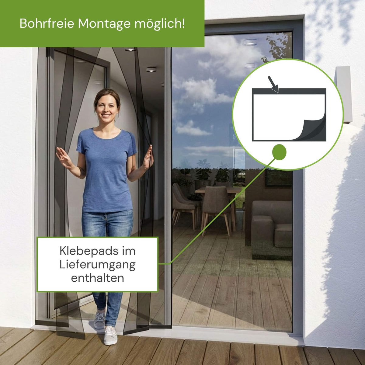 Bohrfreie Montage des Fliegengitter Türvorhangs mit Klebepads
