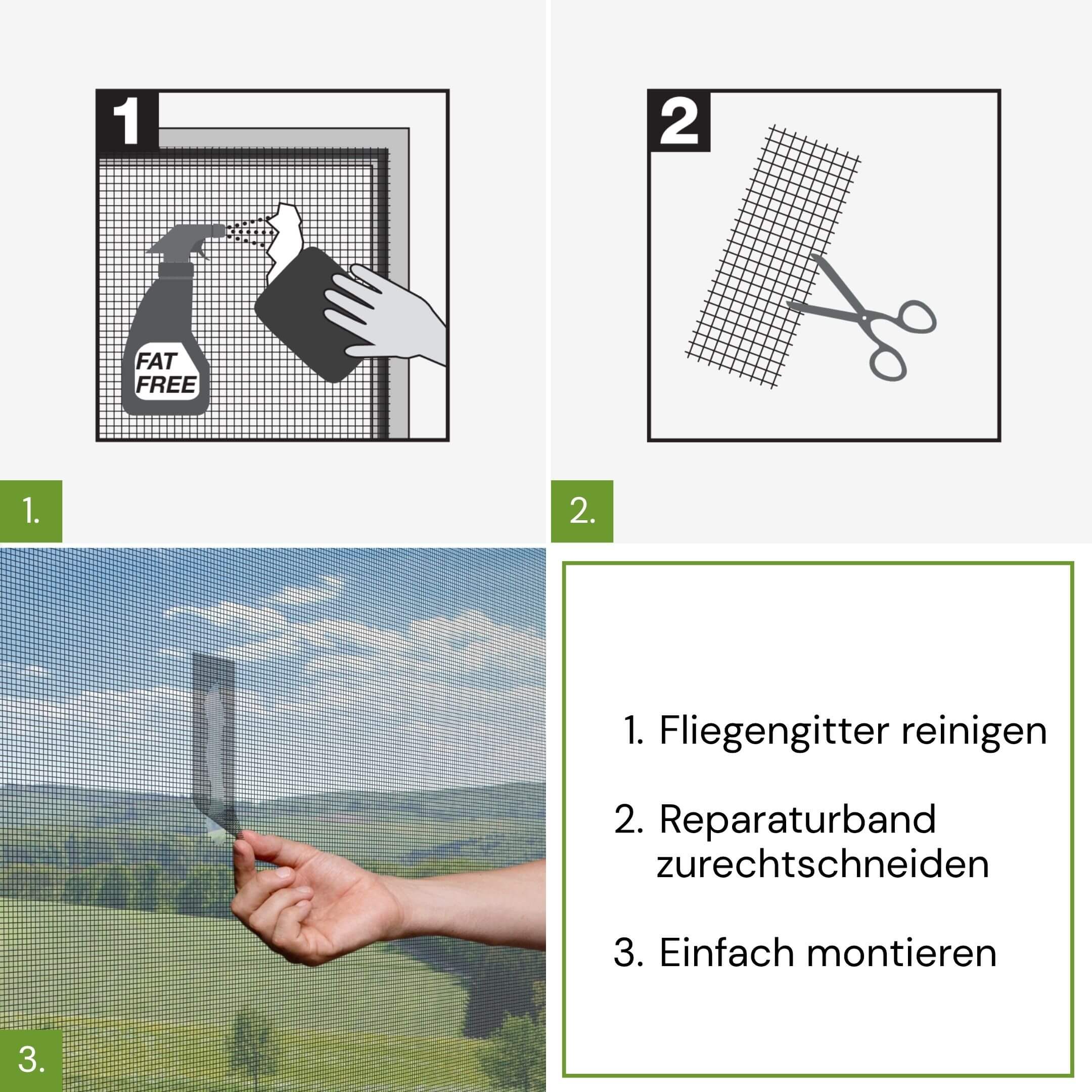 Montage des Reparaturbands für Fliegengitter in drei Schritten
