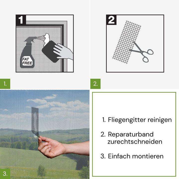 Montage des Reparaturbands für Fliegengitter in drei Schritten