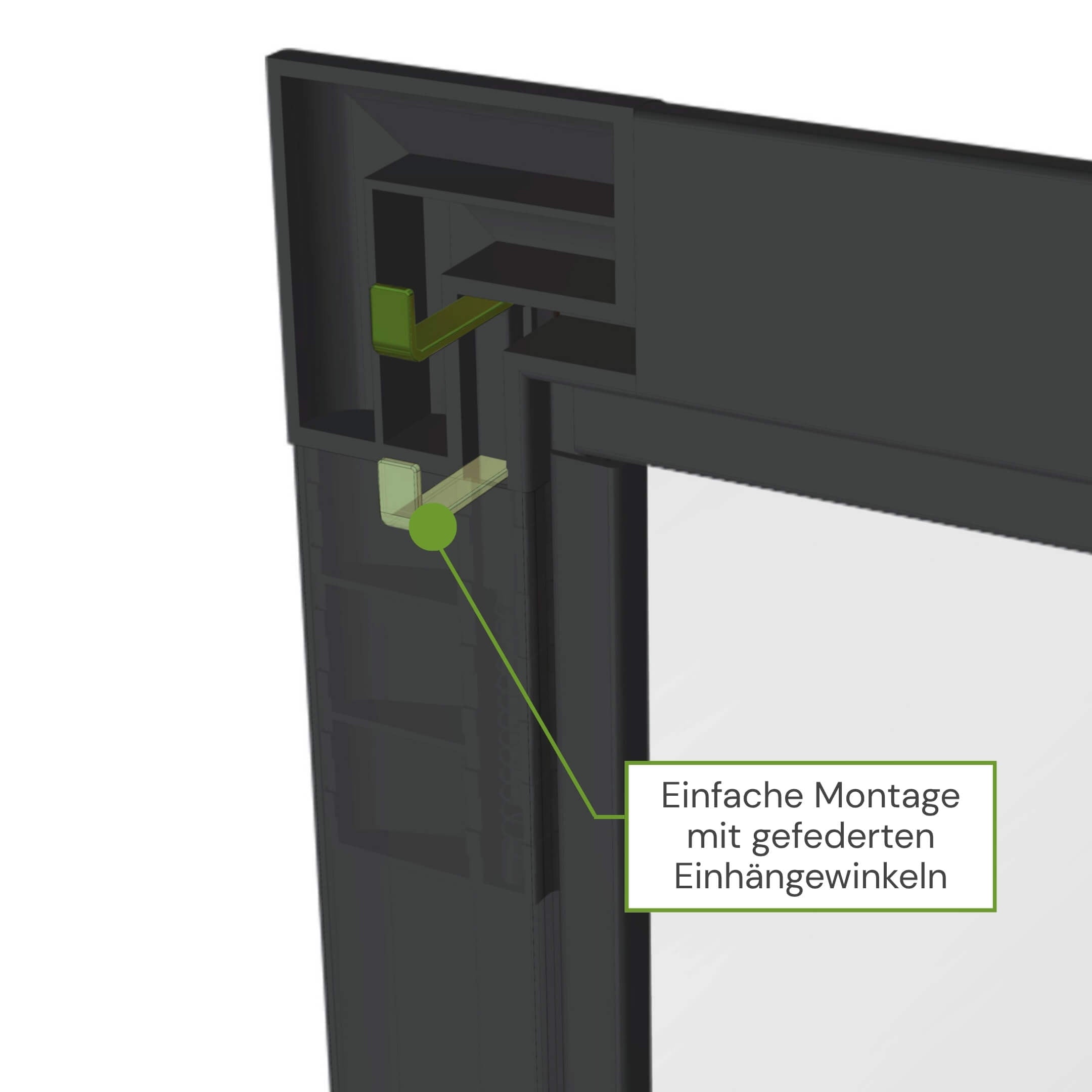 Gefederte Einhängewinkel für die einfache Montage des Fliegengitterfensters