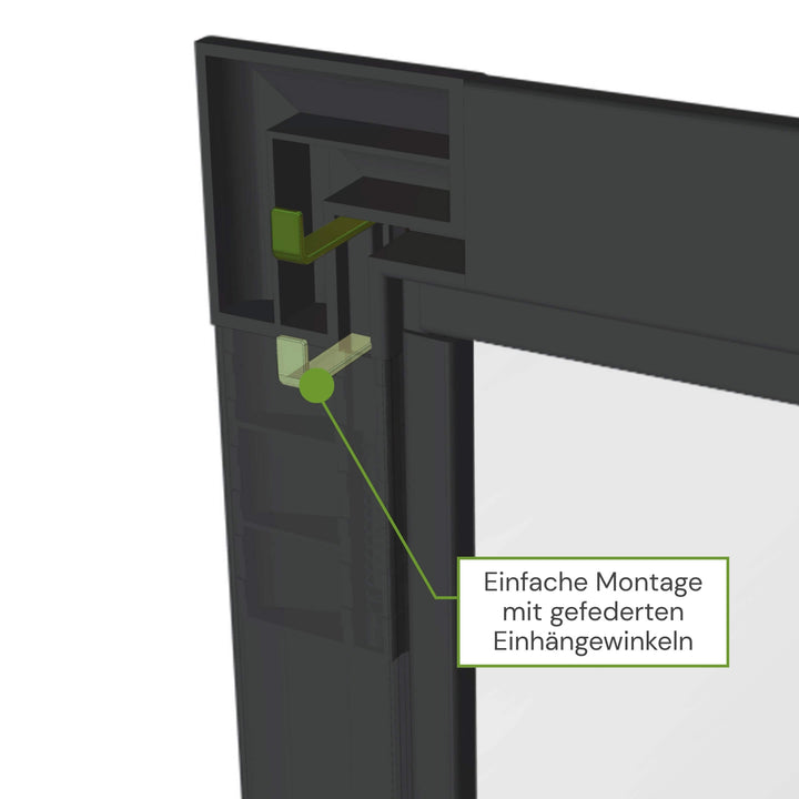 Gefederte Einhängewinkel für die einfache Montage des Fliegengitterfensters