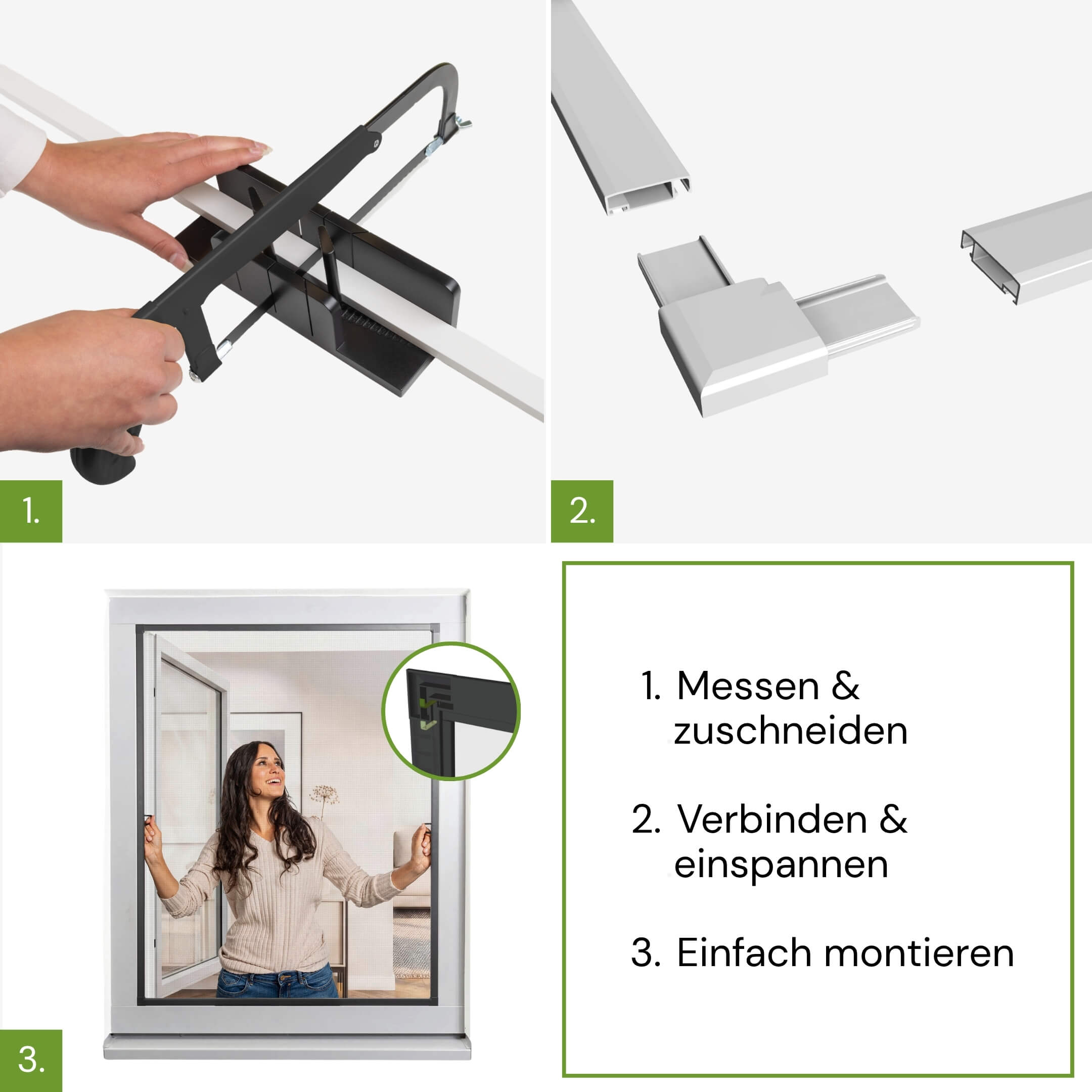 Montage des Teleskop Fliegengitterfensters in drei Schritten