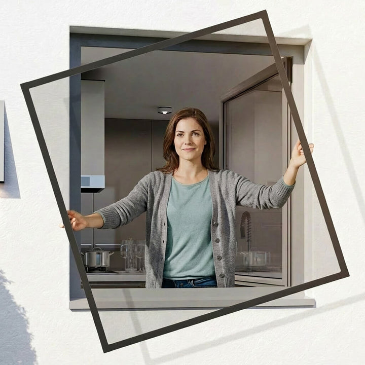 PRO Fliegengitterfenster mit Rahmen in Anthrazit an einem geöffneten Fenster