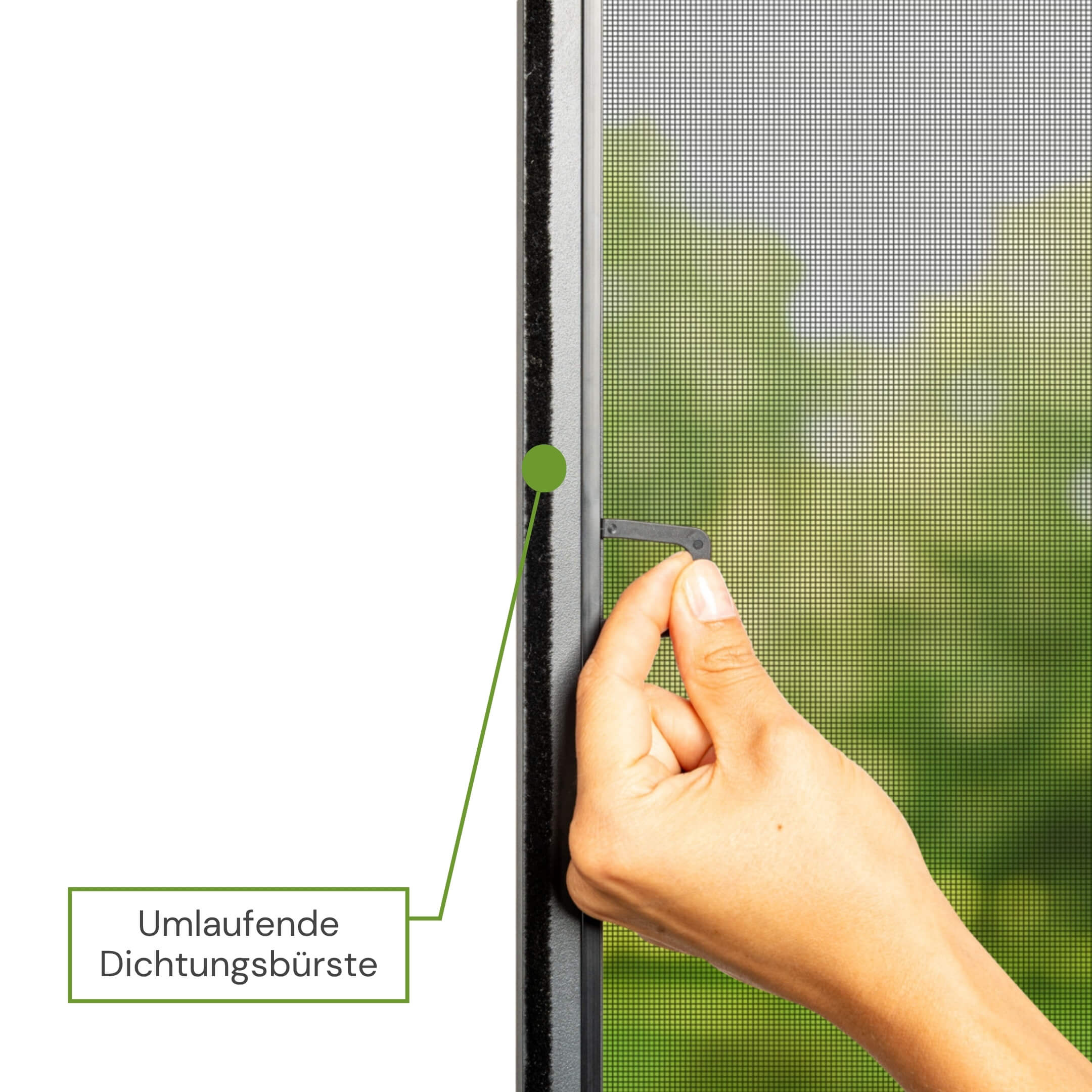 Umlaufende Dichtungsbürste am PRO Fliegengitterfenster