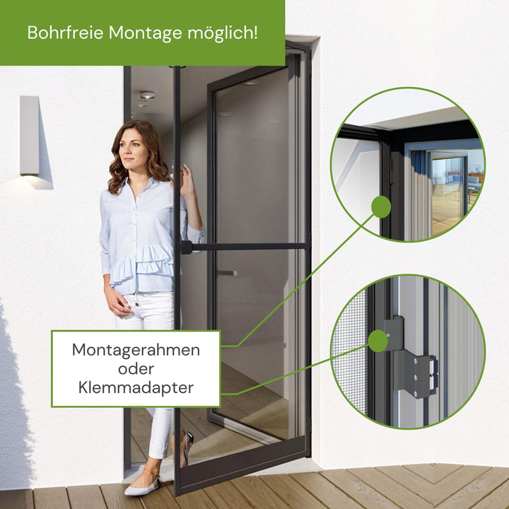 Fliegengittertür mit Montagerahmen oder Klemmadaptern