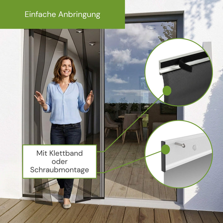 Einfache Anbringung des Fliegengitter Türvorhangs durch Klettband oder Schraubmontage