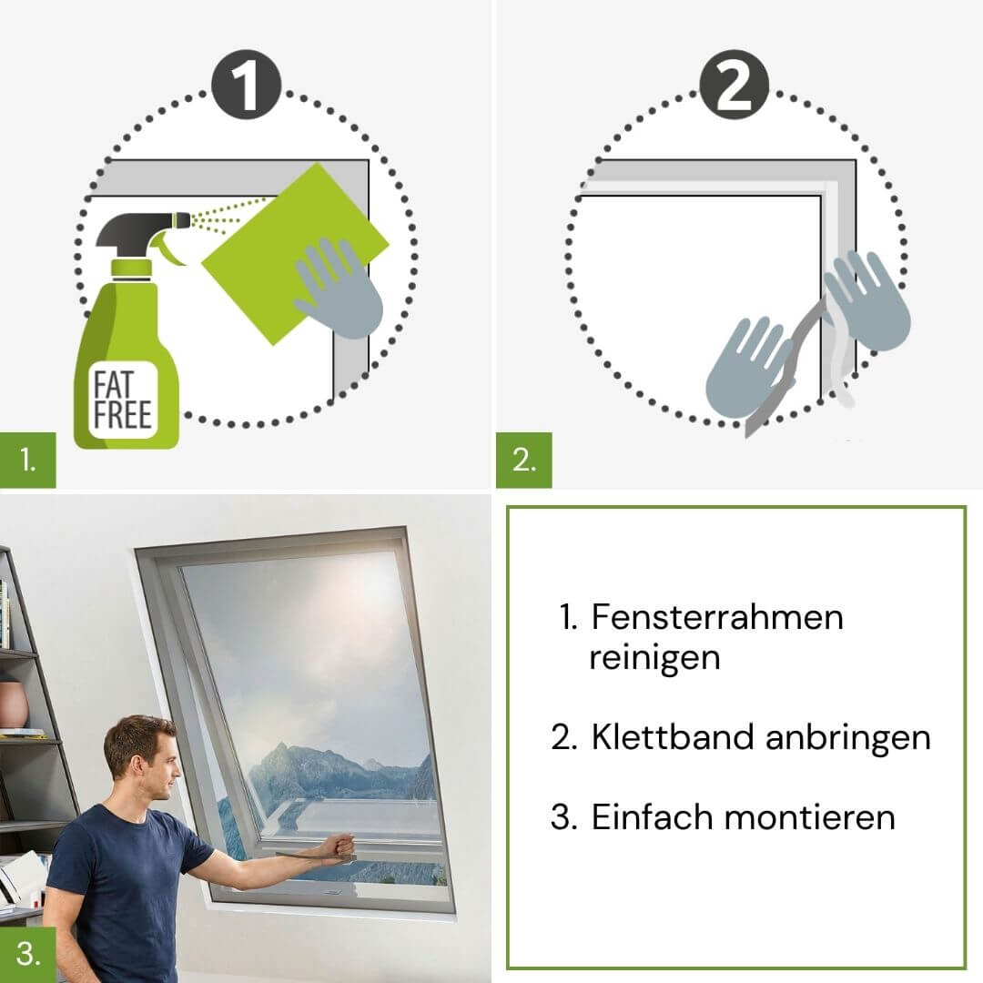Montage des Fliegengitters für Dachfenster in drei Schritten