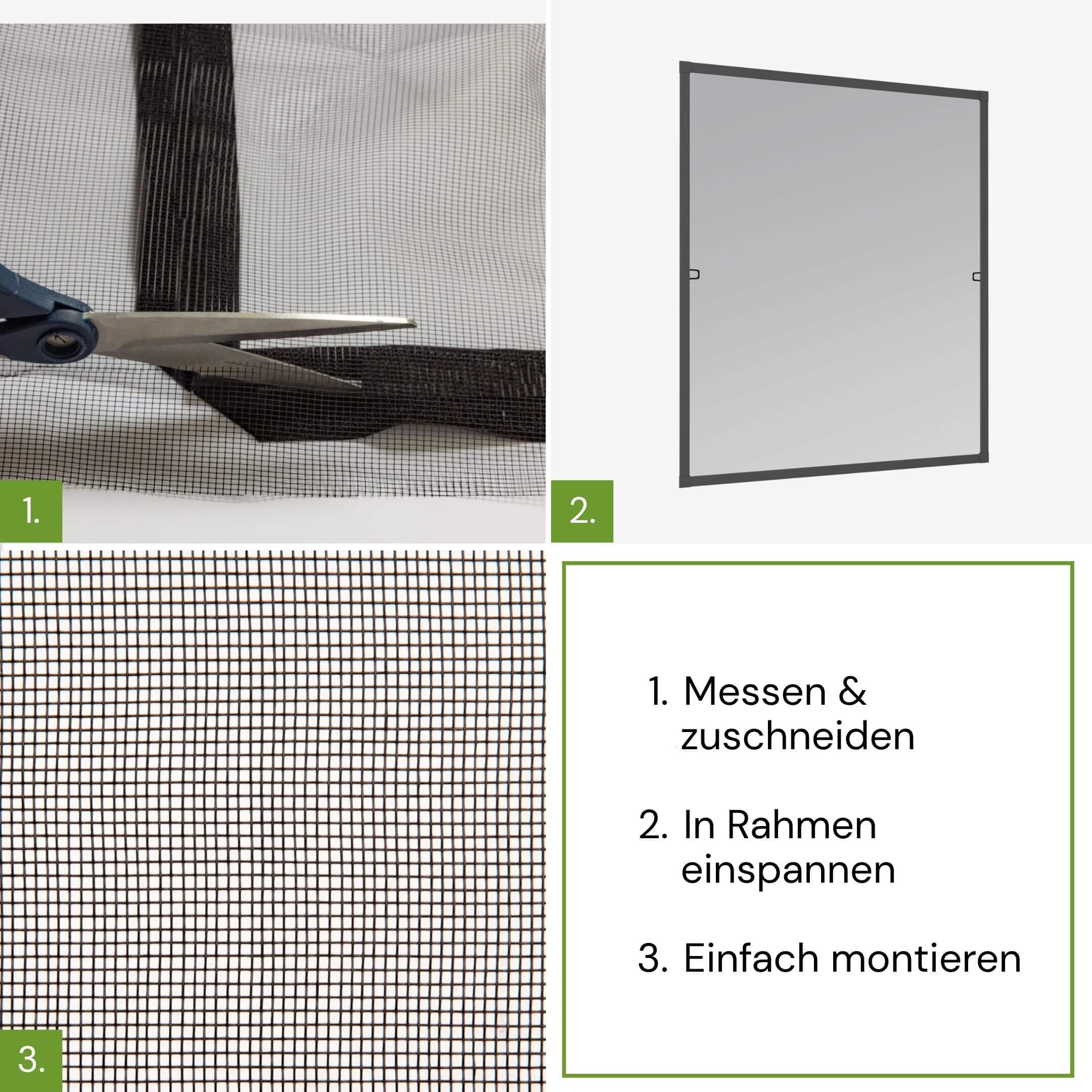 Montage des Fiberglas Fliegengittergewebes in drei Schritten