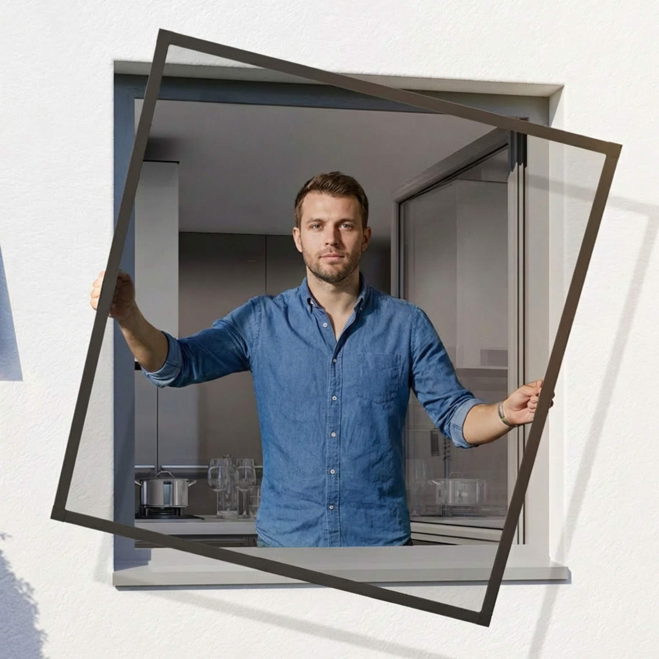 SLIMLINE Fliegengitterfenster mit Rahmen in Anthrazit an einem geöffneten Fenster