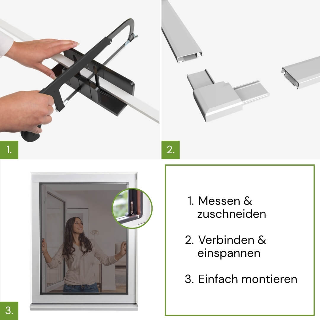 Montage des SUN Fliegengitterfensters in drei Schritten