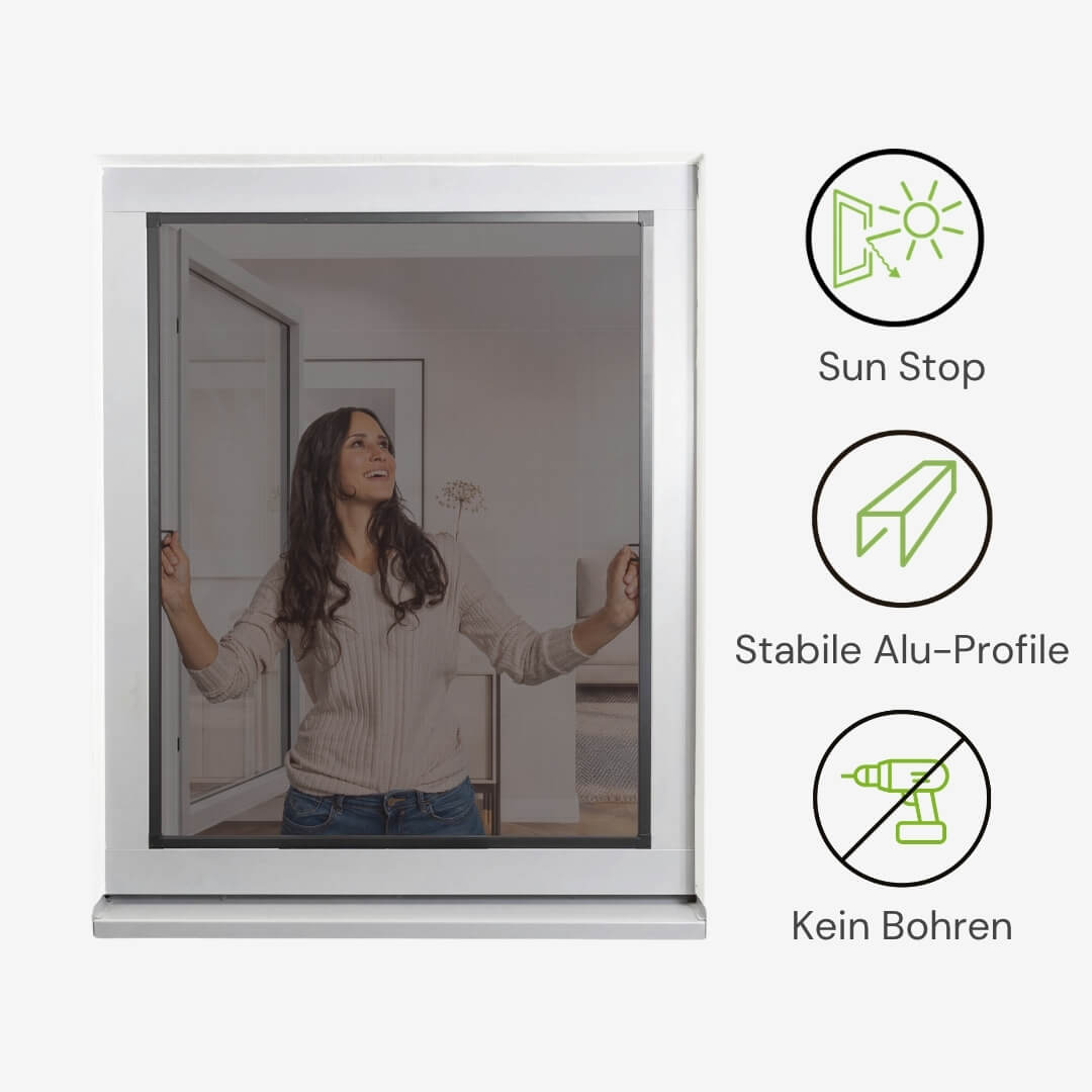 Fliegengitterfenster mit Sonnenschutz, Aluminiumprofilen und ohne Bohren