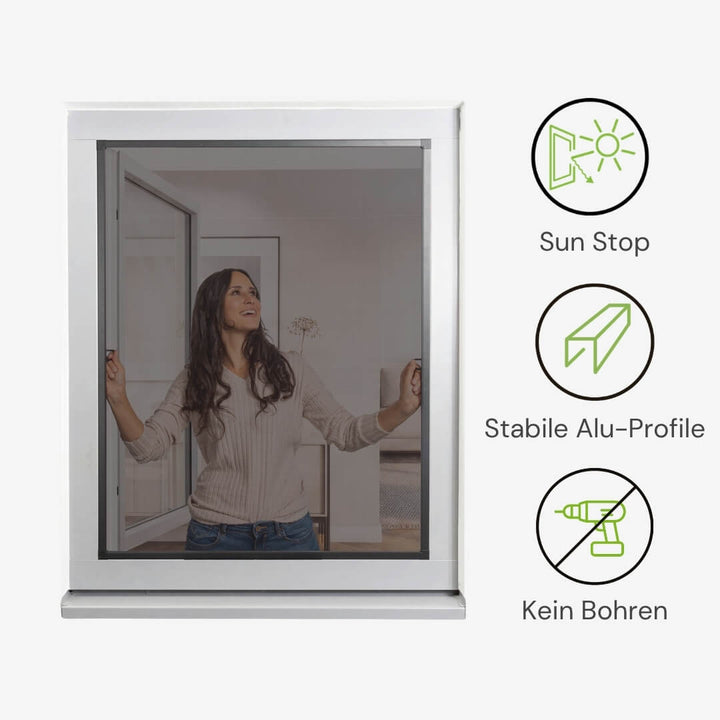 Fliegengitterfenster mit Sonnenschutz, Aluminiumprofilen und ohne Bohren