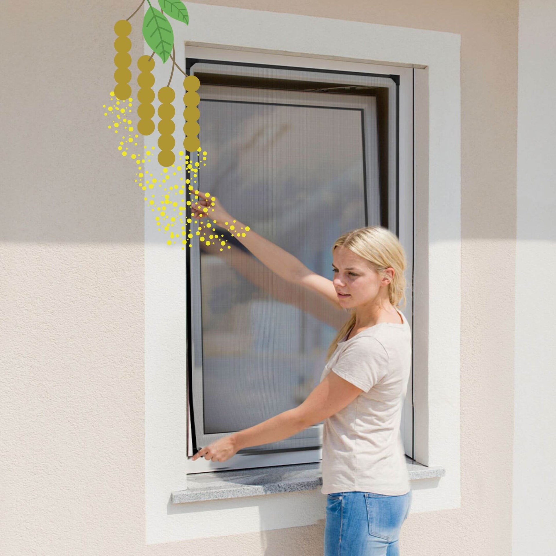 Fliegengitter mit Pollenschutz-Gewebe in Anthrazit an einem geöffneten Fenster