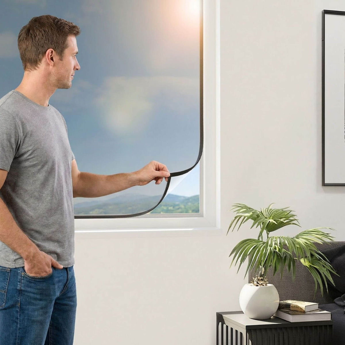 SUN Fliegengitter für Fenster inkl. Sonnenschutz in Anthrazit an einem geöffneten Fenster