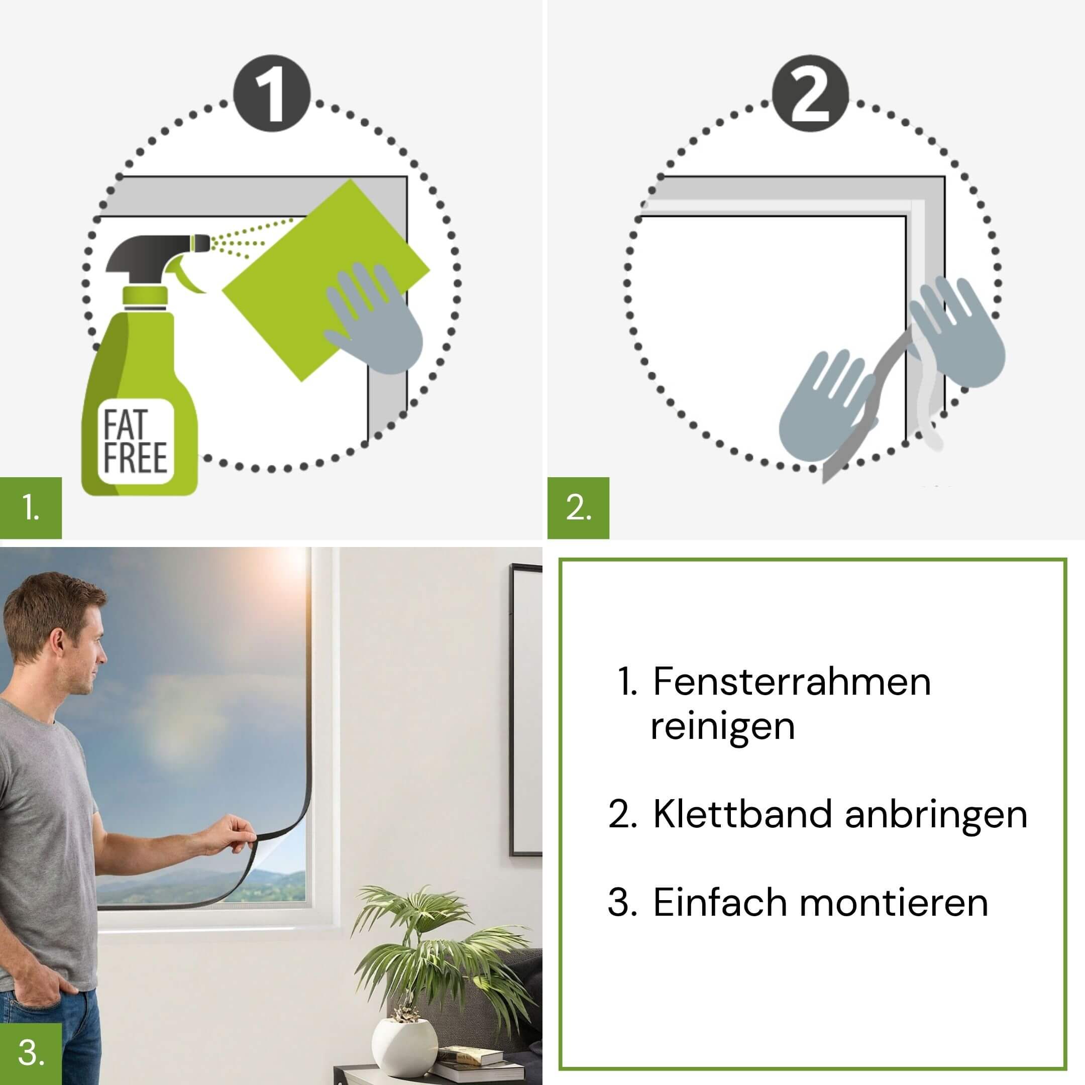 Montage des SUN Fliegengitters für Fenster in drei Schritten