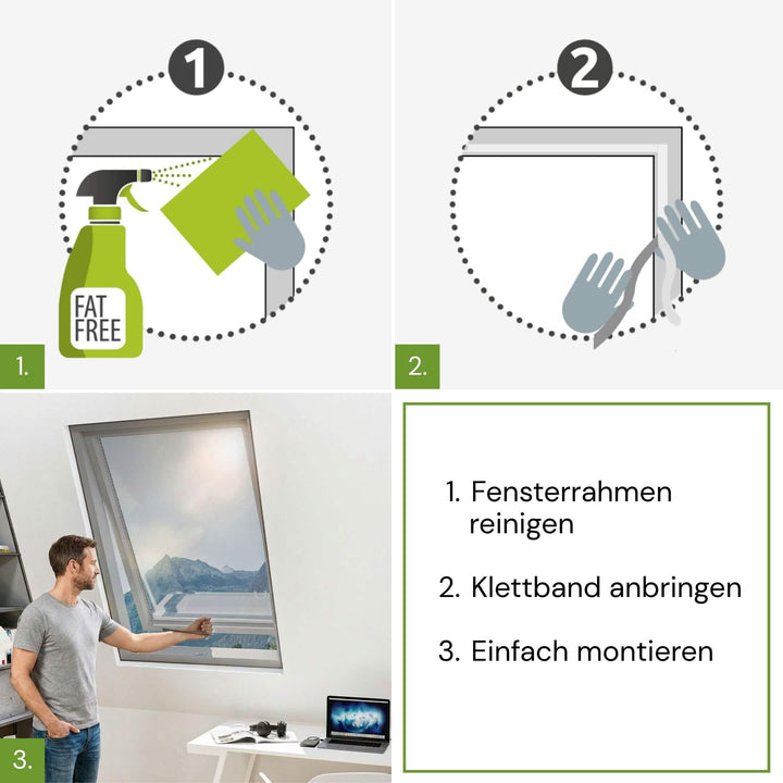 Montage des SUN Fliegengitters für Dachfenster in drei Schritten
