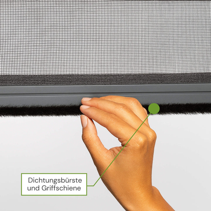 Dichtungsbürste und Griffschiene am Fliegengitter Rollo