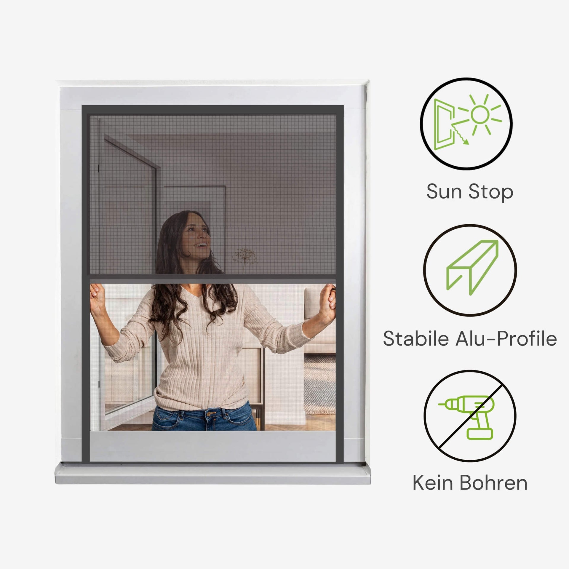 Fliegengitter Rollo mit Sonnenschutz, Aluminiumprofilen und ohne Bohren