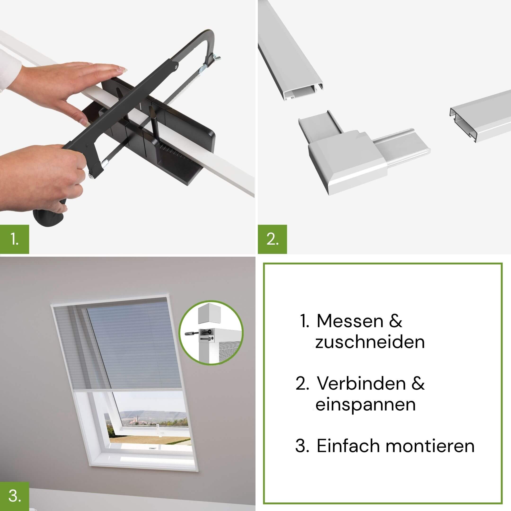 Montage des Fliegengitter Plissees für Dachfenster in drei Schritten
