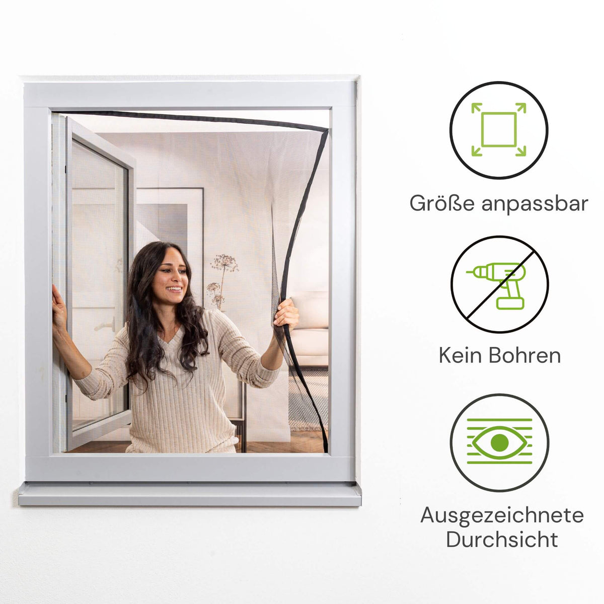 Größenanpassbares Fliegengitterfenster ohne Bohren mit hoher Durchsicht