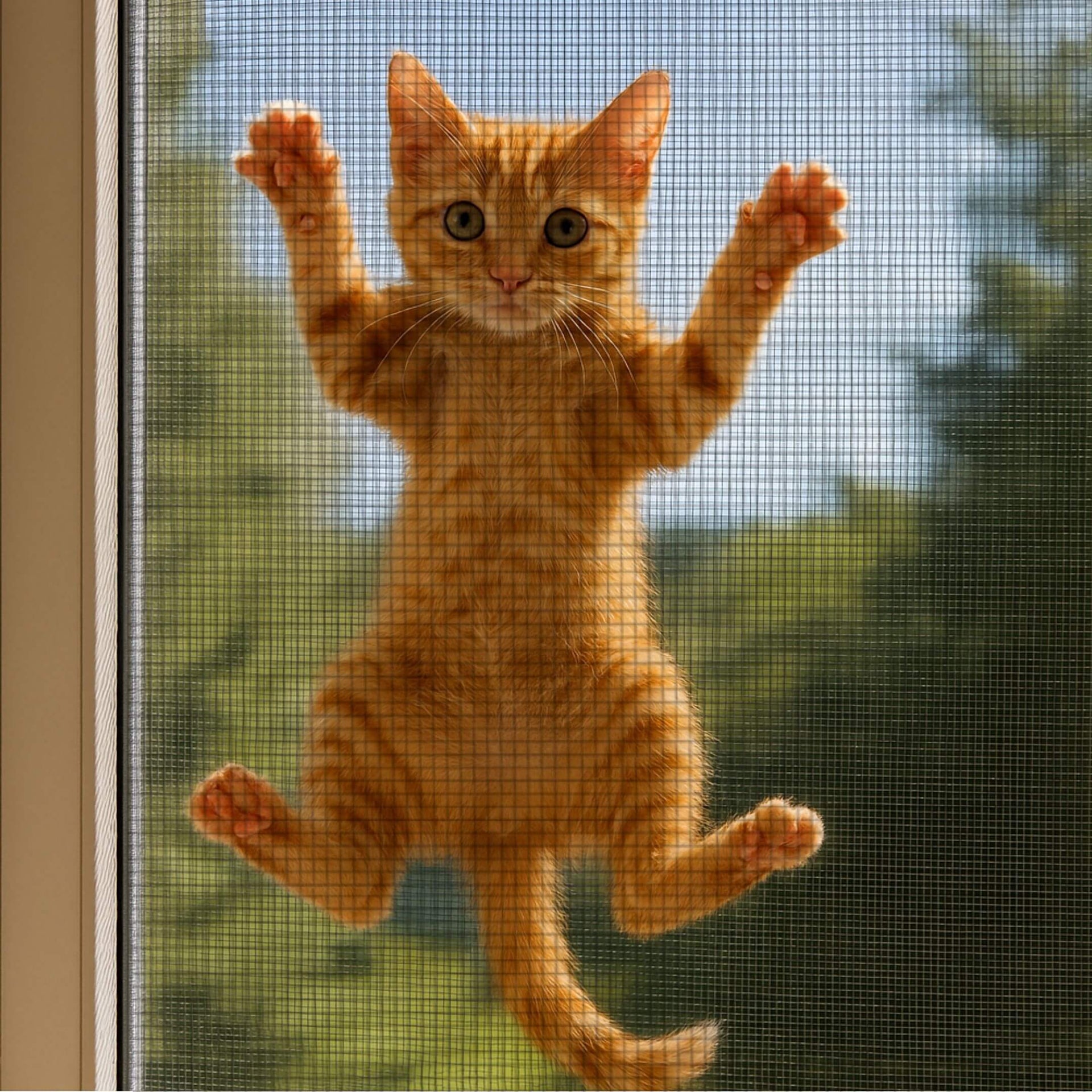 Katze klettert am krallensicheren Fliegengittergewebe am Fenster