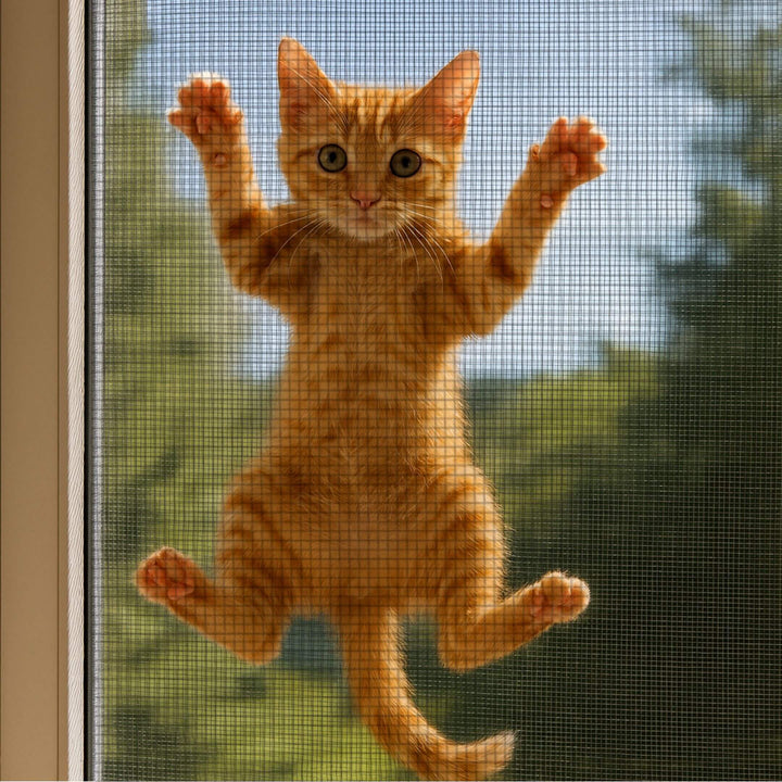 Katze klettert am krallensicheren Fliegengittergewebe am Fenster