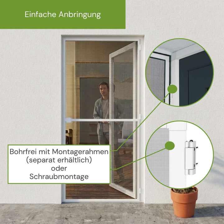 Einfache Anbringung der Fliegengittertür durch Schraubmontage oder mit Montagerahmen