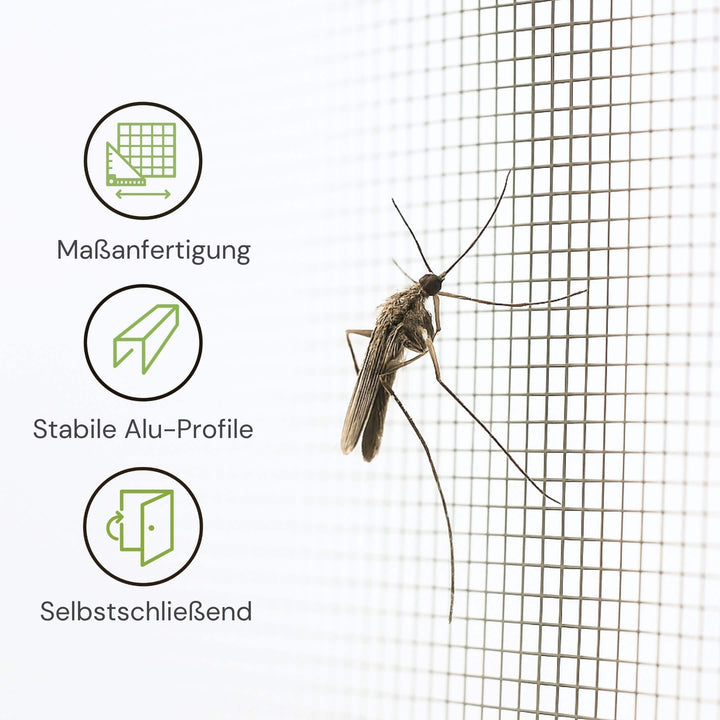 Maßgefertigte Fliegengittertür mit Aluminiumprofilen und Selbstschließung