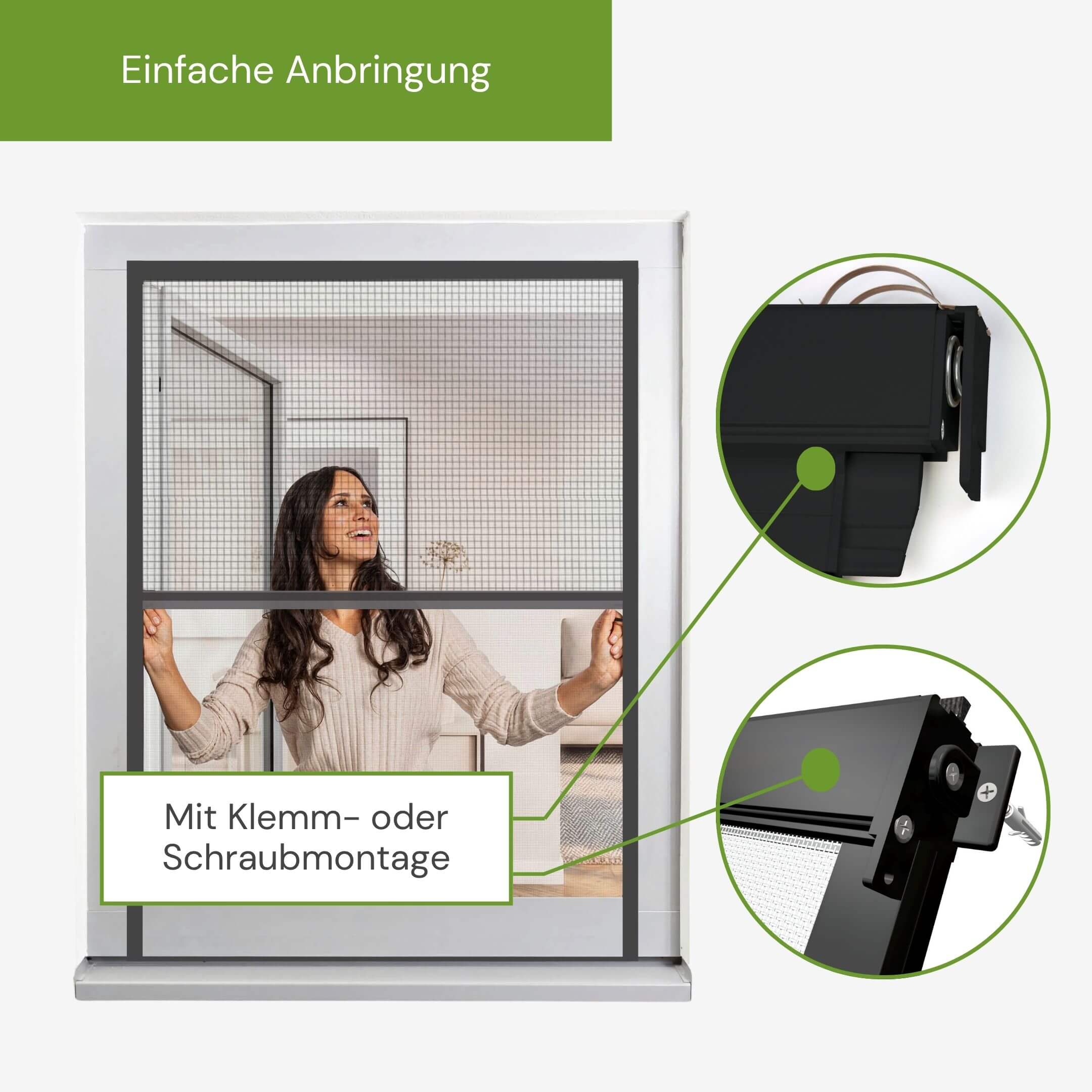 Einfache Anbringung des Fliegengitterrollo mit praktischer Klemm- oder Schraubmontage