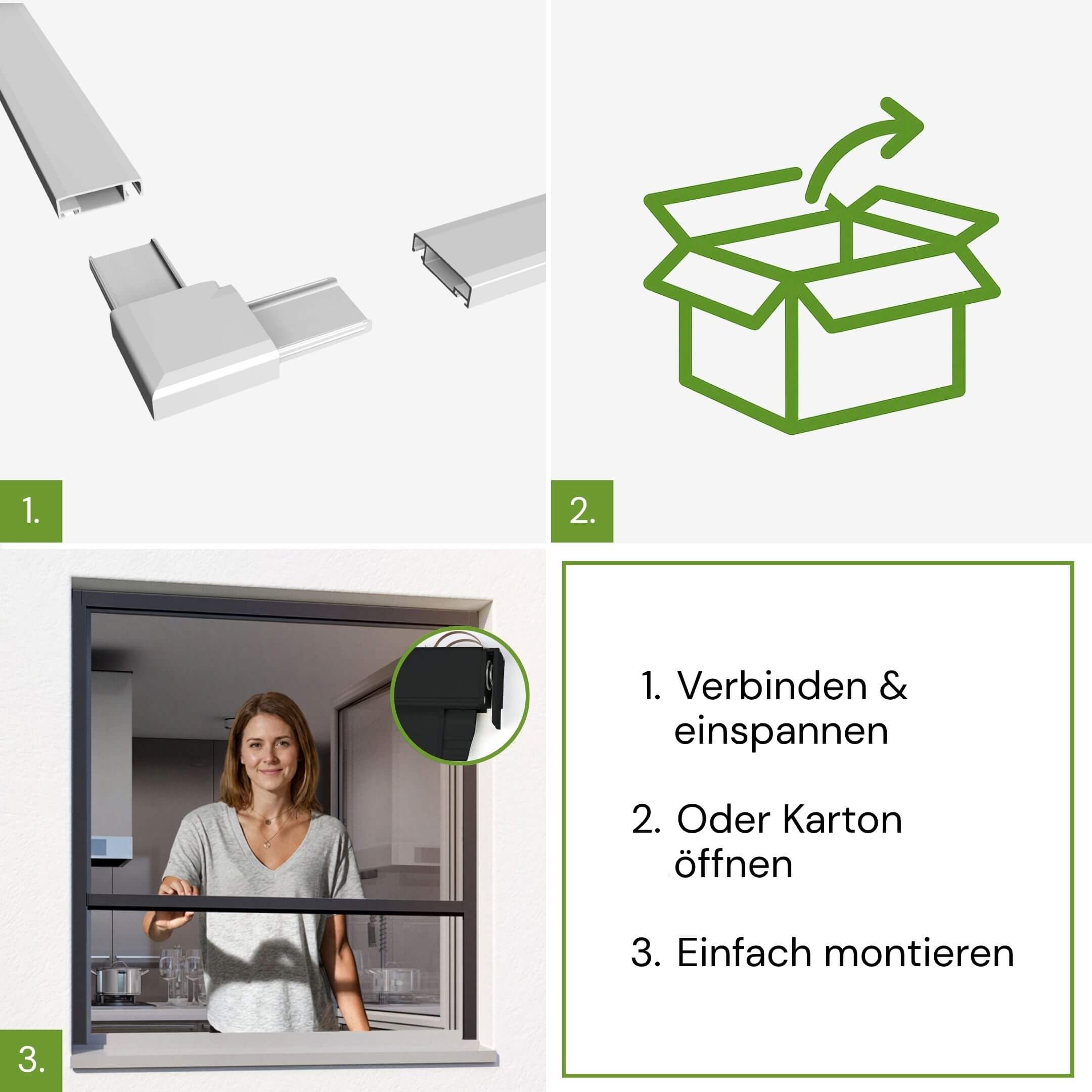 Montage des Fliegengitterrollos in drei Schritten