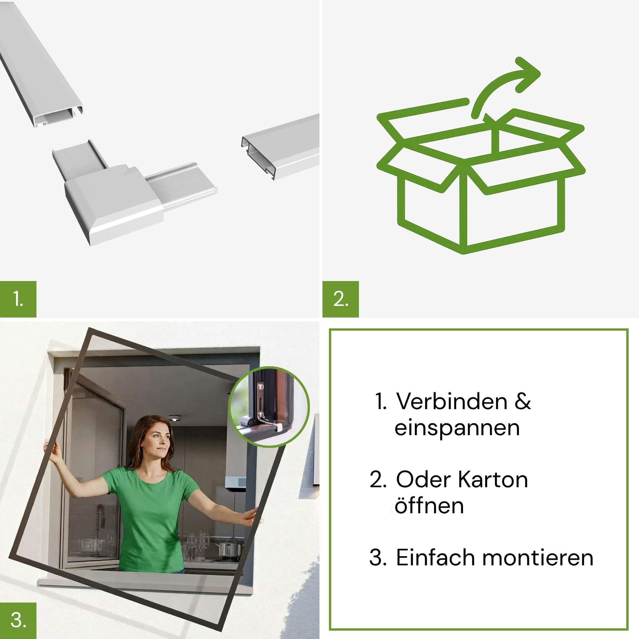 Montage des Fliegengitter Fenster Spannrahmens in drei Schritten