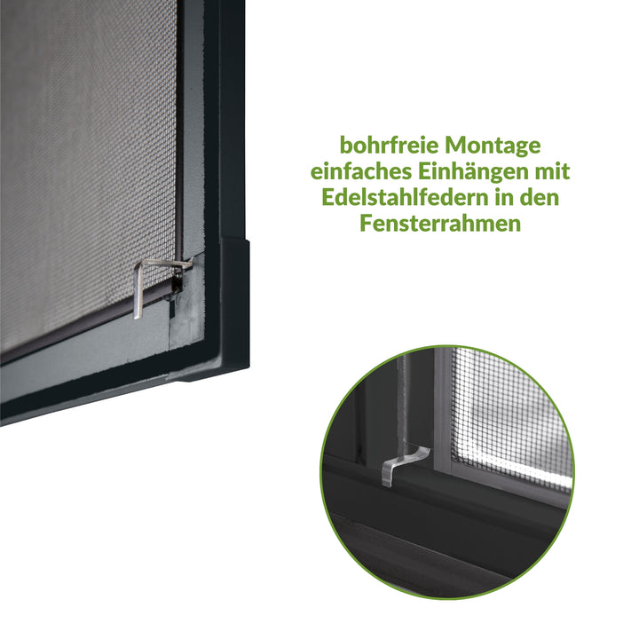 Bohrfreie Insektenschutzrahmenmontage mit Edelstahlfedern.