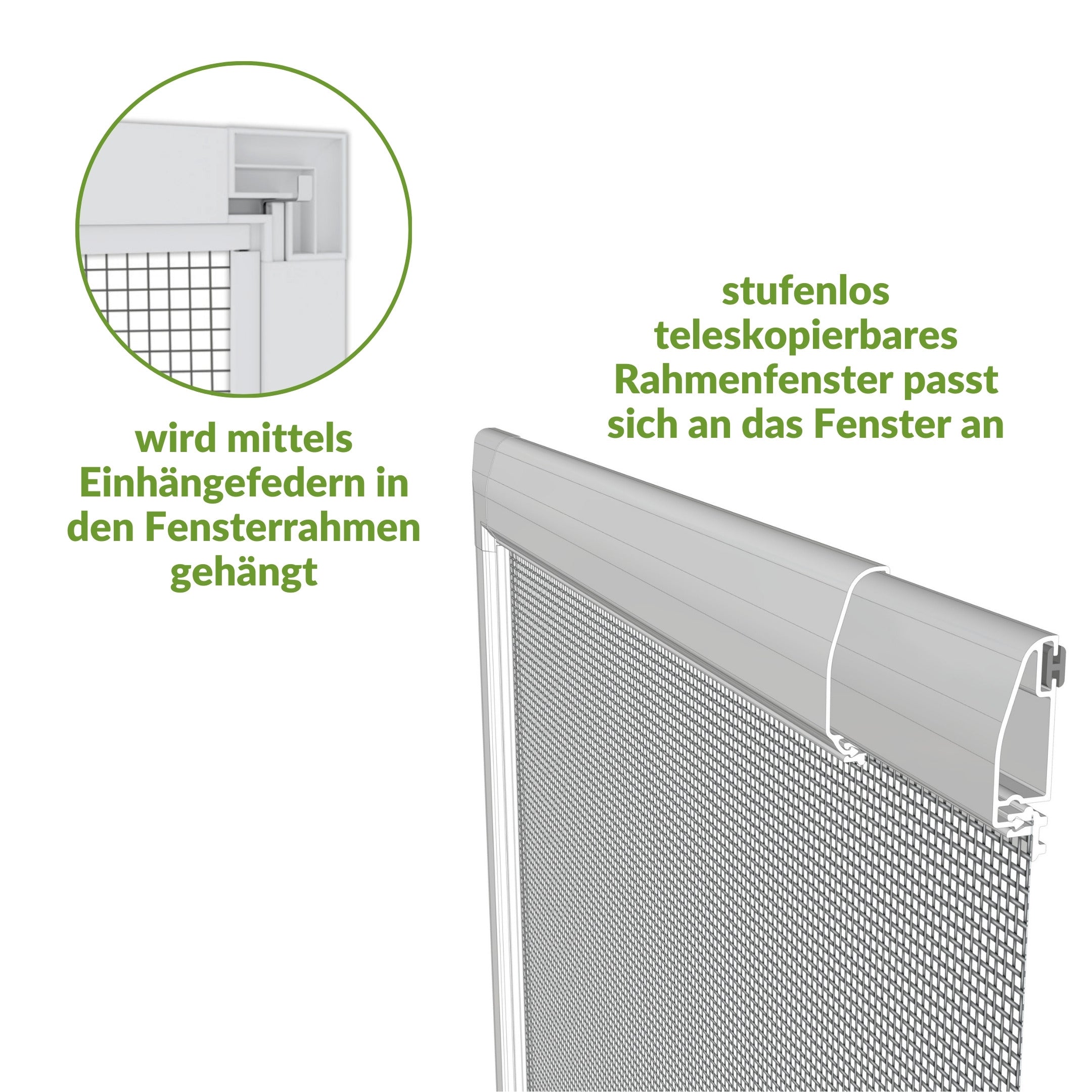 Teleskopierbares Insetenschutz Rahmenfenster mit Einhaengefedern, einfache Montage.