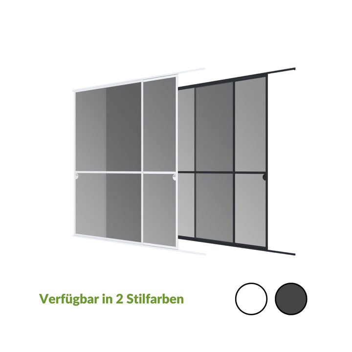 Doppel-Schiebetuer Insektenschutz, verstellbar, in zwei Stilfarben erhaeltlich, praktisch und platzsparend.