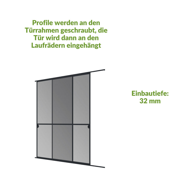 Profile am Tuerrahmen verschraubt, Tuer an Laufrädern eingehängt, Einbautiefe: 32 mm.