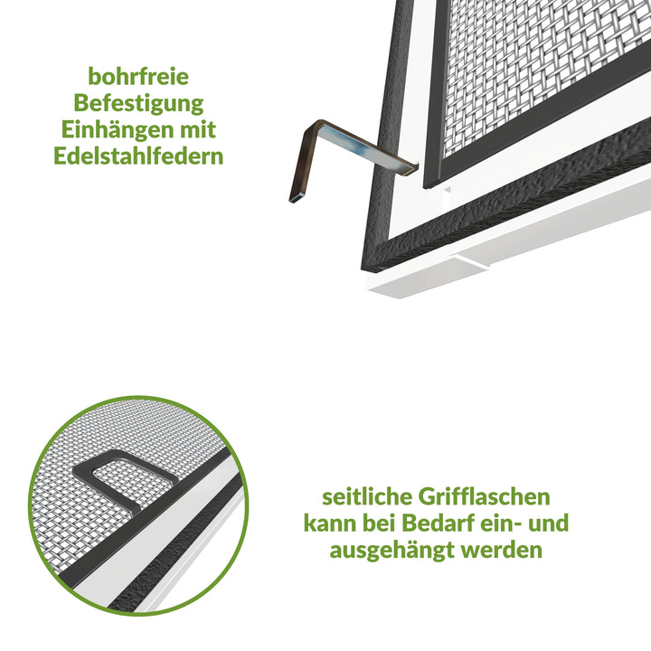 Bohrfreie Befestigung des Insektenschutzes, Einhängen mit Edelstahlfedern.