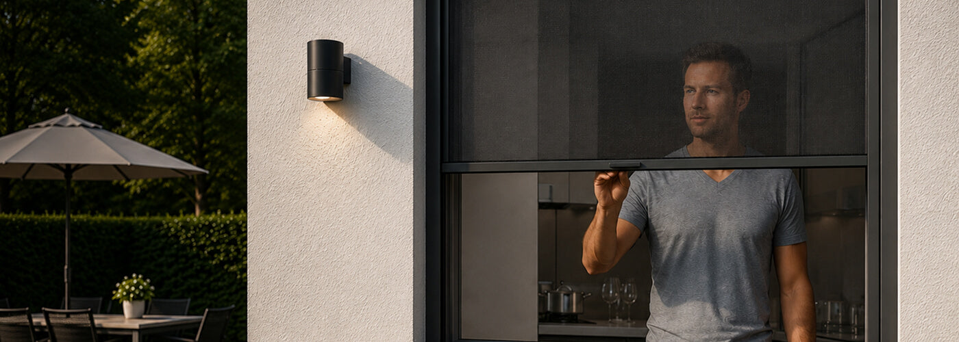 Mann steht vor einem Fliegengitter Rollo mit Sonnenschutz in Anthrazit an einem geöffneten Fenster