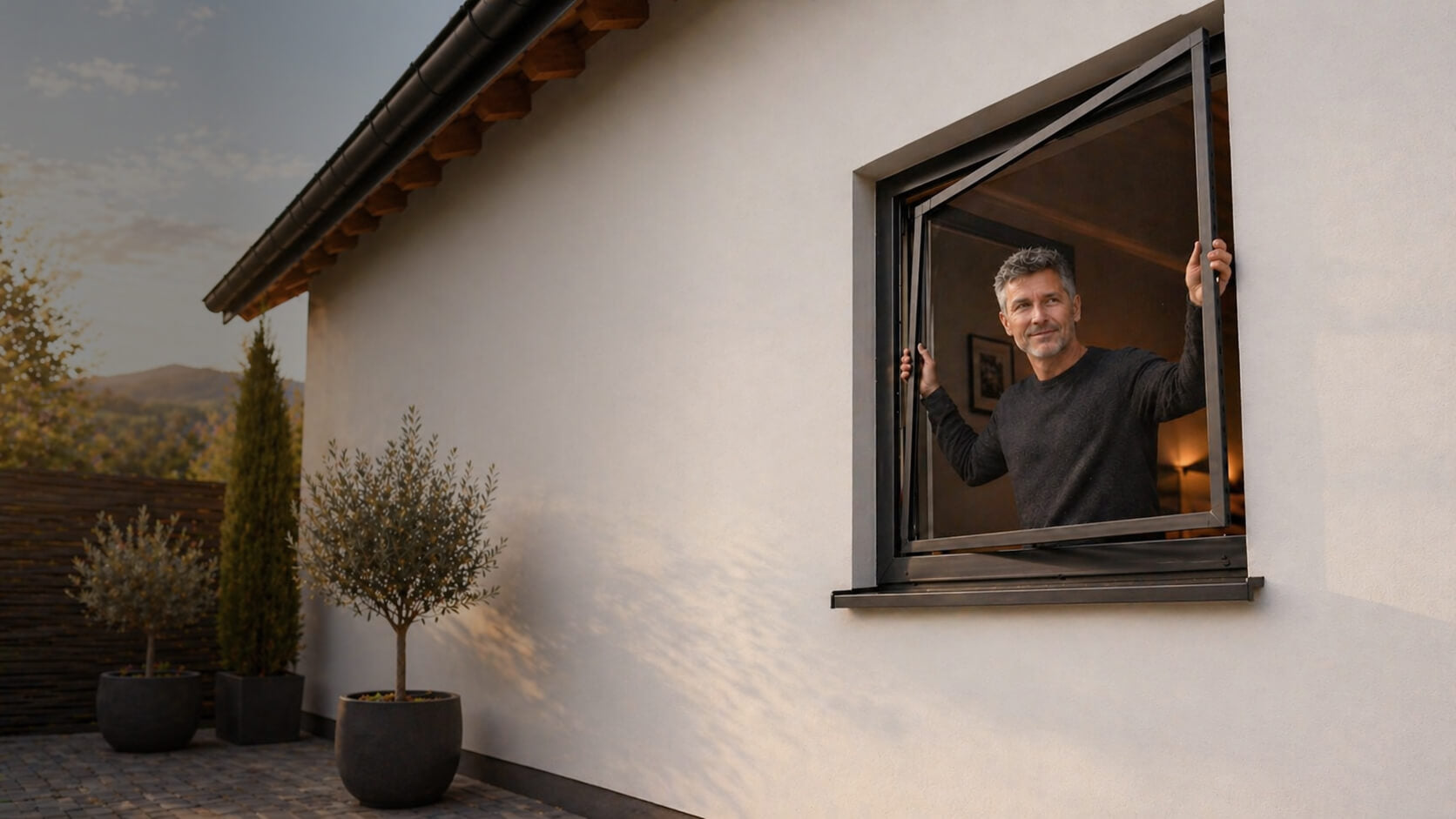 Mann hält einen Fliegengitter Spannrahmen in Anthrazit an einem geöffneten Fenster