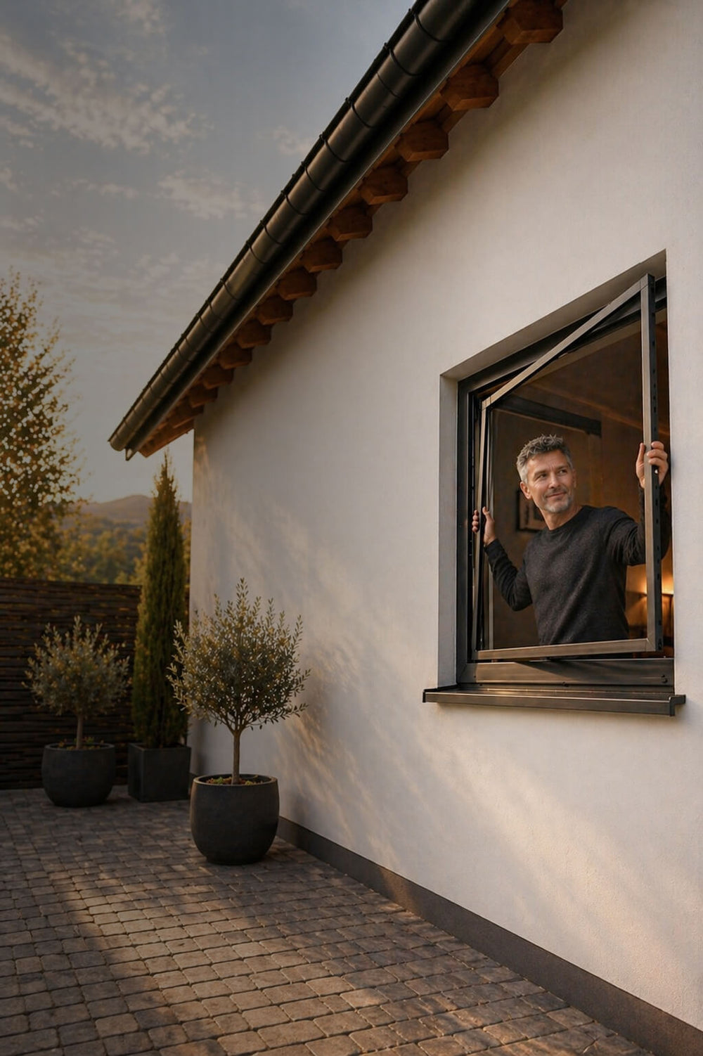 Mann hält einen Fliegengitter Spannrahmen in Anthrazit an einem geöffneten Fenster